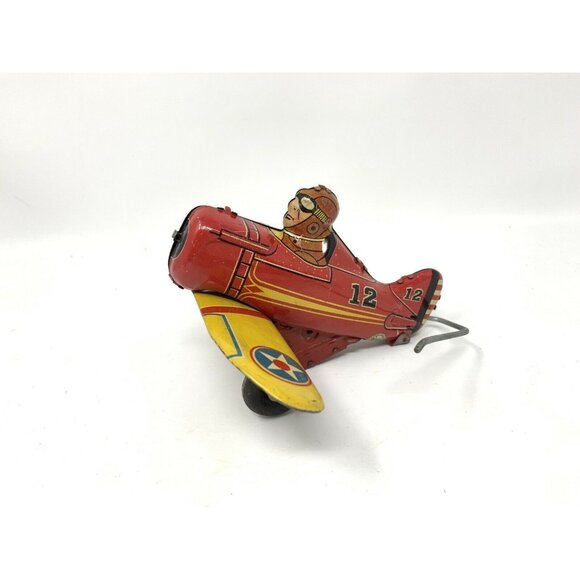 Marx Rollover Plane Wind Up No. 12 Red Yellow Tin Toy Parts Or Restore